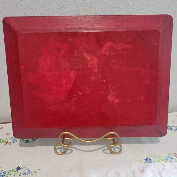 Vintage Olinala Mexican Folk Art Lacquered Wood Hand Painted Tray 16 x 12" Red/B - Picture 7 of 11
